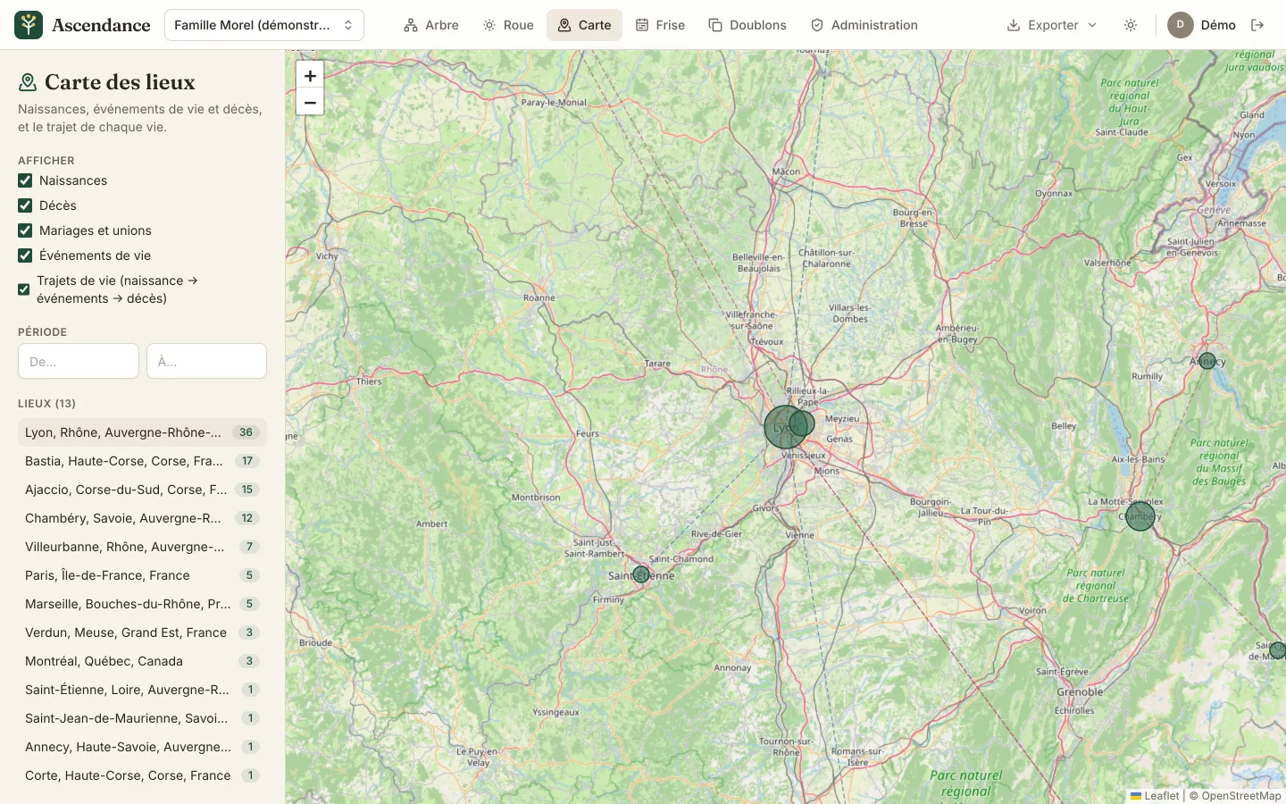 La carte des lieux de la famille Morel autour de Lyon, Chambéry et Saint-Étienne